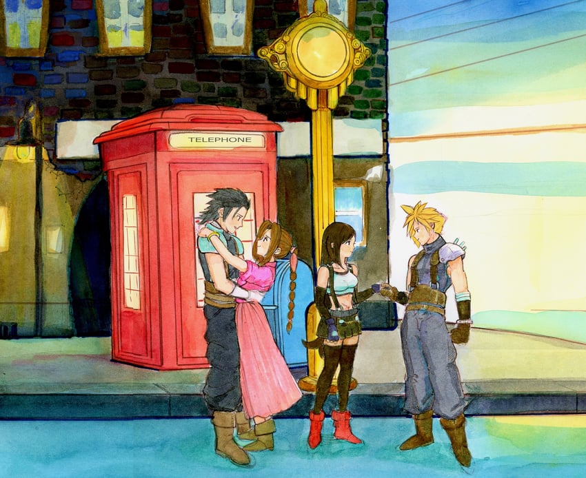 tifa lockhart, cloud strife, aerith gainsborough, and zack fair (final fantasy and 2 more) drawn by hugo_artist