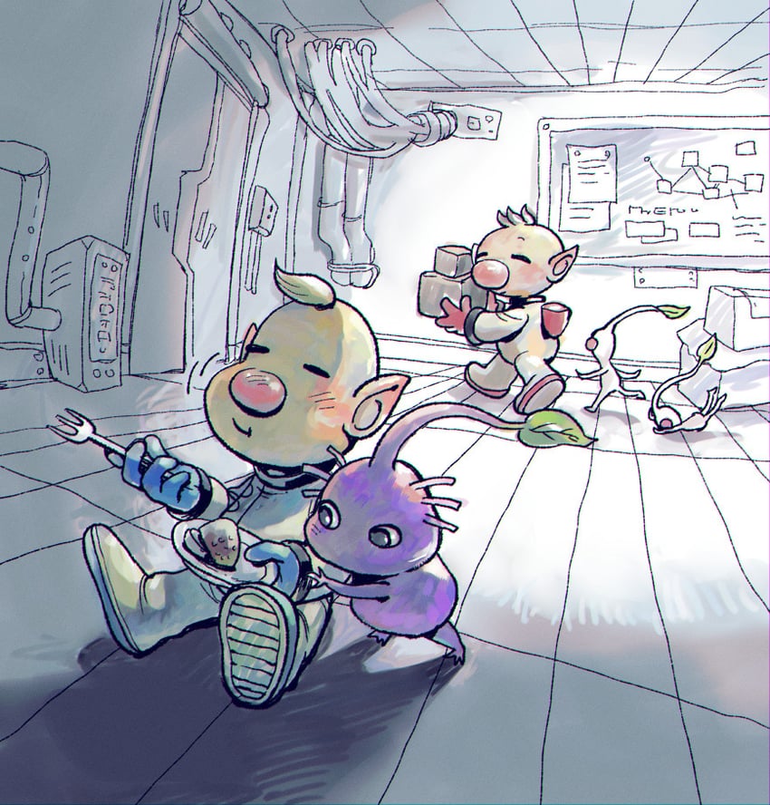 olimar, purple pikmin, white pikmin, and louie (pikmin) drawn by asaikaina
