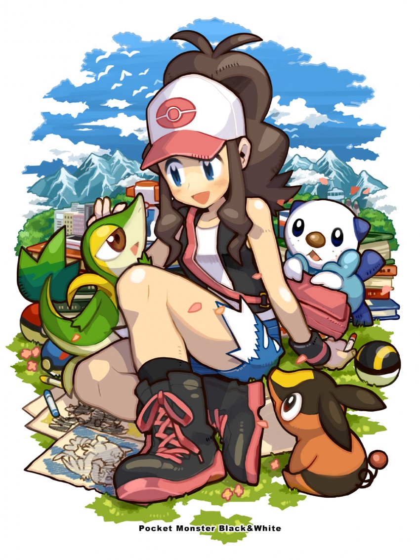 hilda, oshawott, snivy, tepig, reshiram, and 1 more (pokemon and 1 more) drawn by haruo_(clownberry)