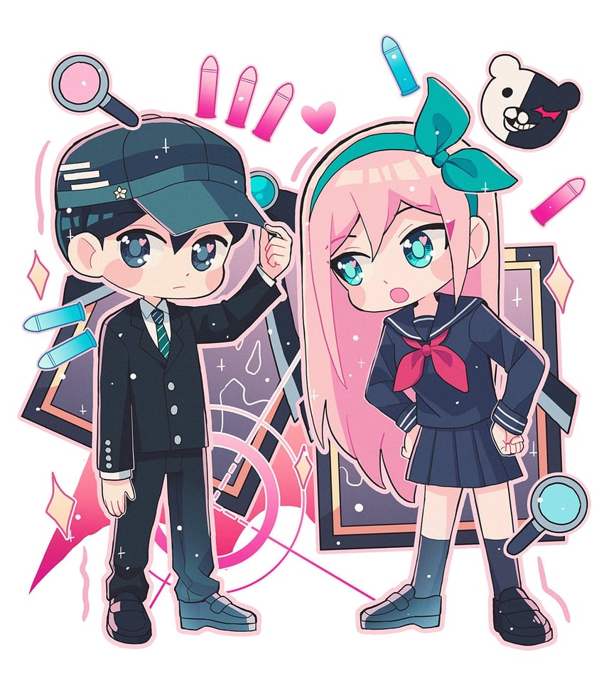saihara shuichi, akamatsu kaede, sunny, monokuma, and aubrey (danganronpa and 2 more) drawn by cheer_(cheerpuppy14)