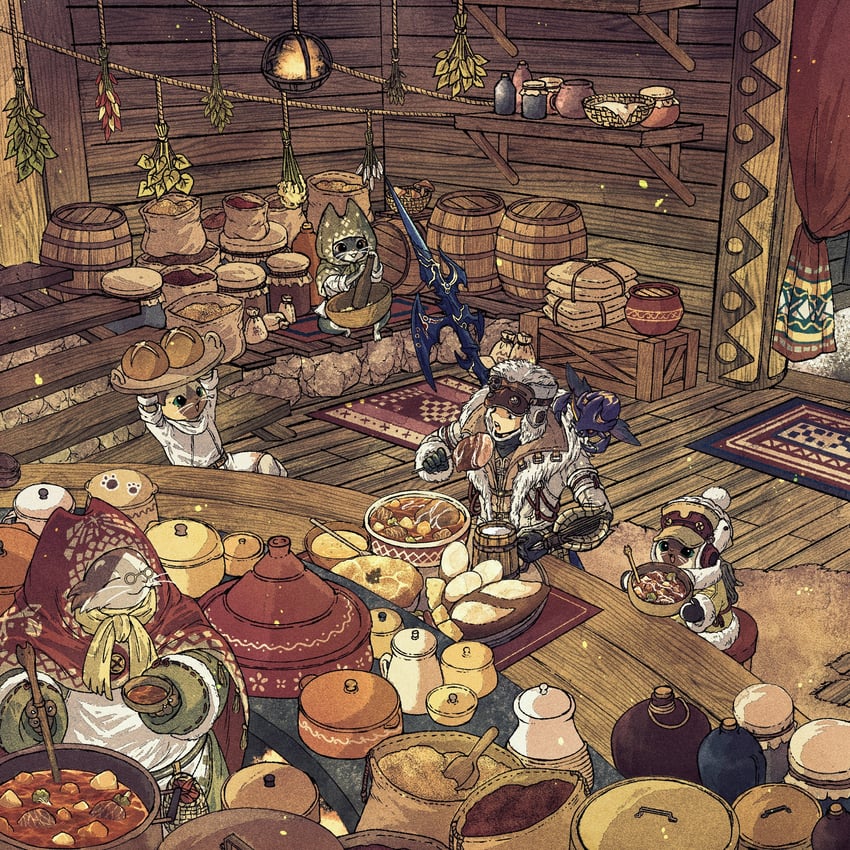 monster hunter, player palico, and grammeowster chef (monster hunter and 2 more) drawn by toriga