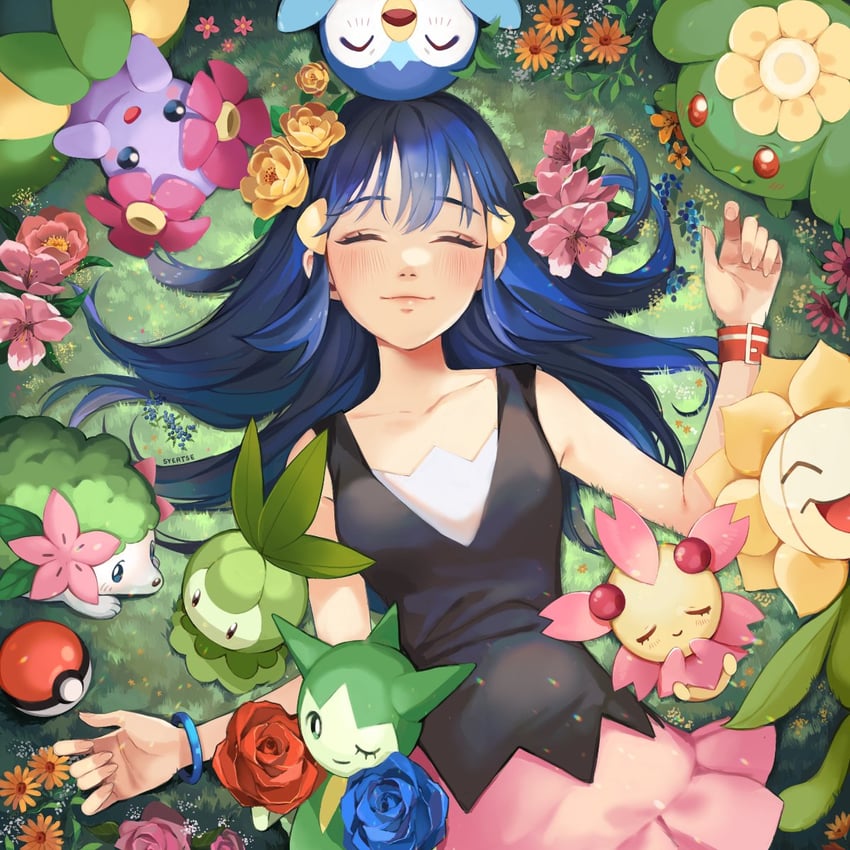 dawn, shaymin, petilil, bellossom, roselia, and 4 more (pokemon and 1 more) drawn by syertse