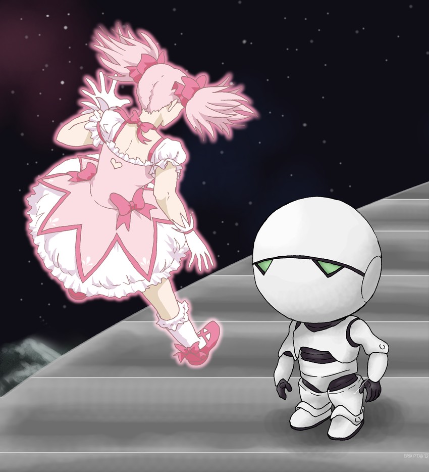 kaname madoka and marvin the paranoid android (mahou shoujo madoka magica and 1 more) drawn by erinptah