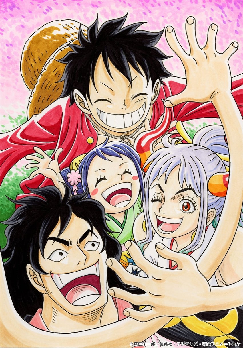 monkey d. luffy, yamato, kouzuki momonosuke, and kurozumi tama (one piece) drawn by ichikawa_keiichi and oda_eiichirou