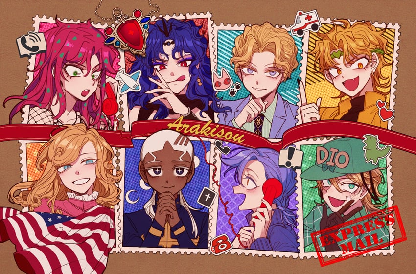 dio brando, kars, kira yoshikage, diego brando, diavolo, and 4 more (jojo no kimyou na bouken and 6 more) drawn by sempon_(doppio_note)