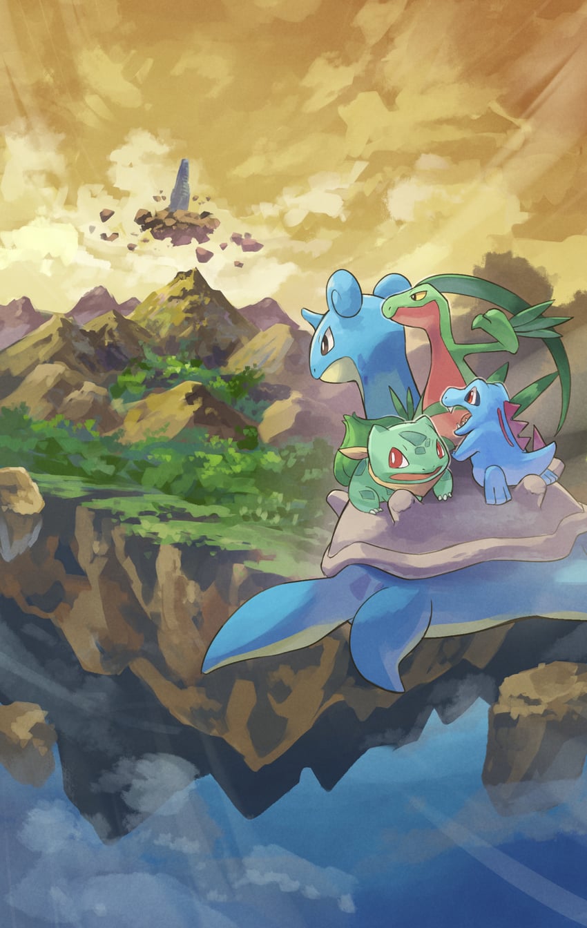 bulbasaur, totodile, lapras, and grovyle (pokemon and 2 more) drawn by yamaori_(hakkentai_pokedan)