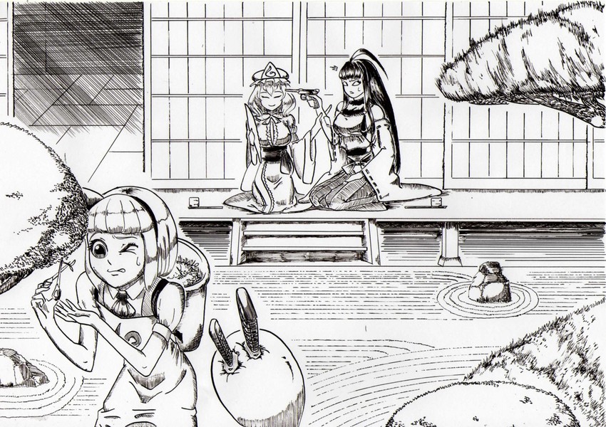konpaku youmu, saigyouji yuyuko, and sendai hakurei no miko (original and 2 more) drawn by azibuda