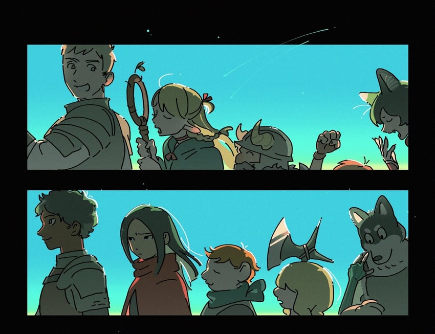 marcille donato, laios touden, senshi, kabru, chilchuck tims, and 6 more (dungeon meshi) drawn by robodumpling