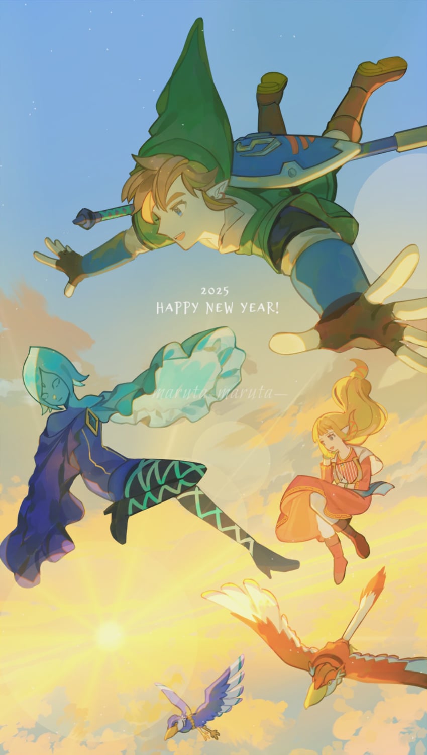 link, princess zelda, fi, and loftwing (the legend of zelda and 1 more) drawn by maruta_maruta