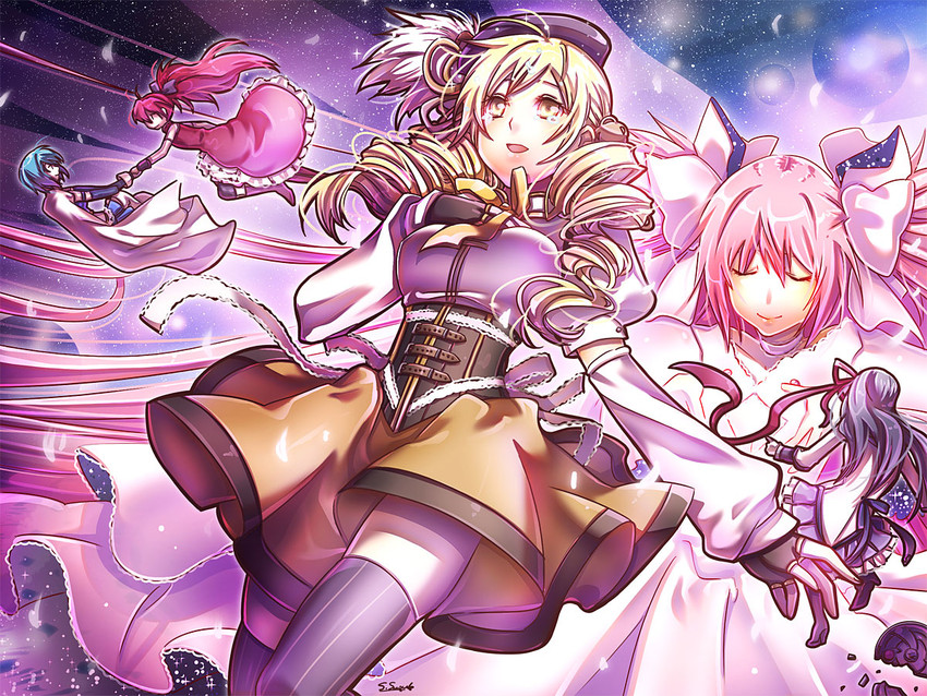 akemi homura, kaname madoka, miki sayaka, sakura kyoko, tomoe mami, and 1 more (mahou shoujo madoka magica) drawn by suou_sakura