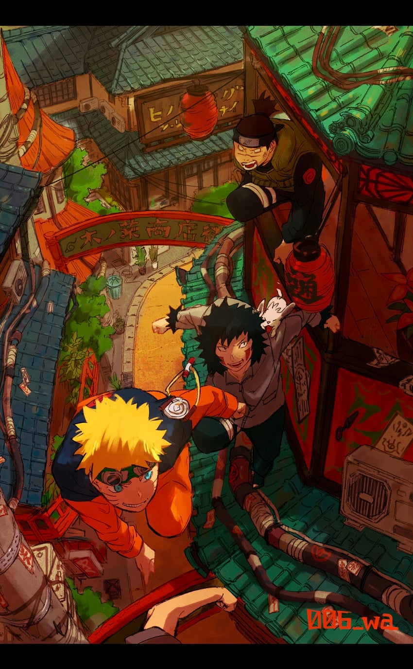 uzumaki naruto, inuzuka kiba, and umino iruka (naruto) drawn by 006_wa