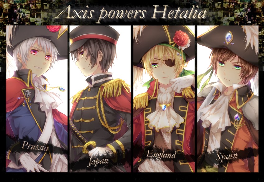 united kingdom, japan, prussia, and spain (axis powers hetalia) drawn by yuuna_minato