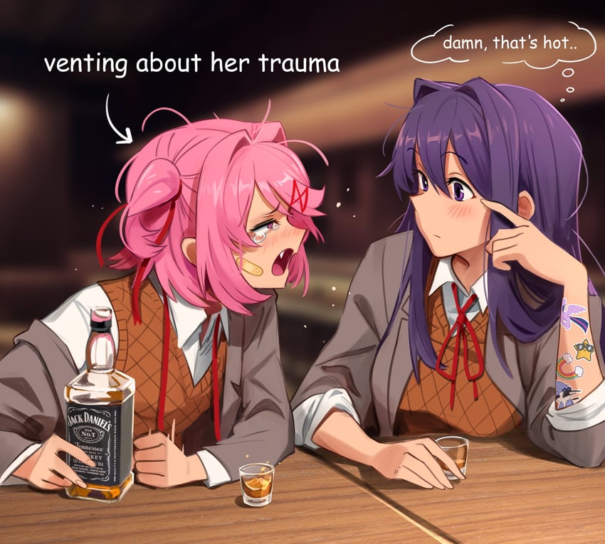 natsuki, yuri, twilight sparkle, and mordecai (doki doki literature club and 3 more) drawn by khyle.