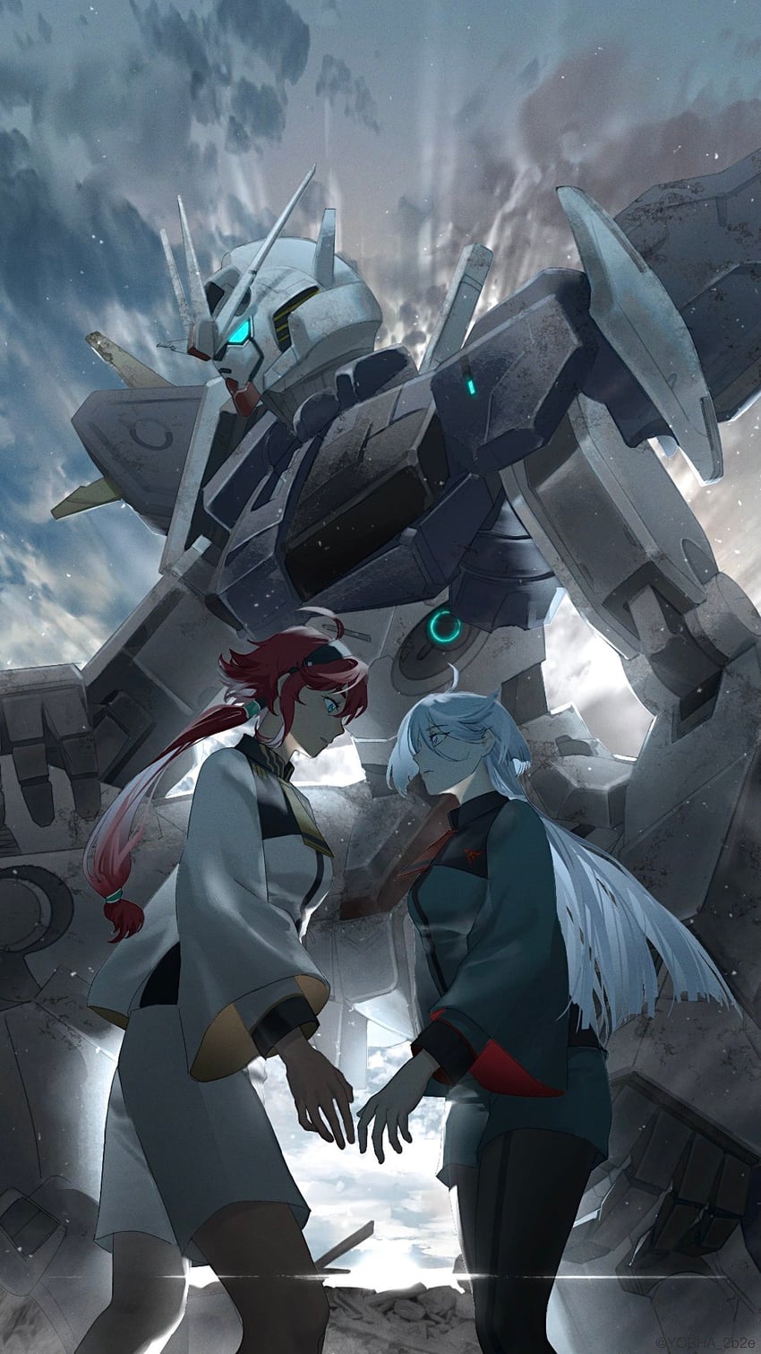 suletta mercury, miorine rembran, and gundam aerial rebuild (gundam and 1 more) drawn by yorha_2b2e