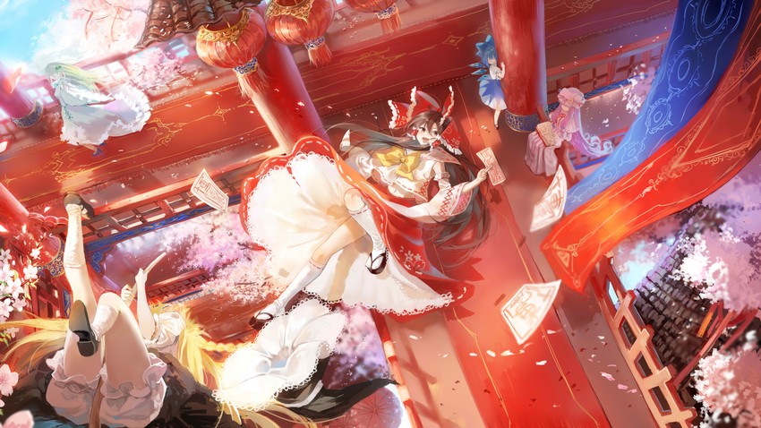 hakurei reimu, kirisame marisa, kochiya sanae, cirno, and patchouli knowledge (touhou) drawn by stuko