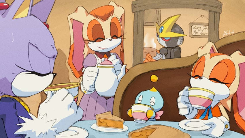 blaze the cat, cream the rabbit, neutral chao, cheese, vanilla the rabbit, and 1 more (sonic and 1 more) drawn by virtanderson