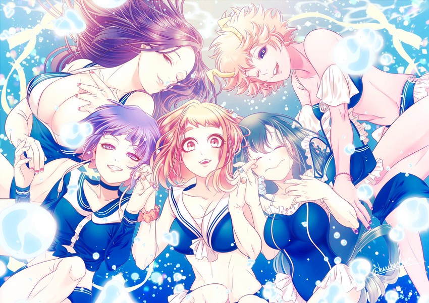 uraraka ochaco, asui tsuyu, yaoyorozu momo, ashido mina, jiro kyoka, and 1 more (boku no hero academia) drawn by haru_(inamura4)