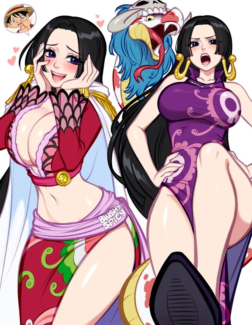 monkey d. luffy, boa hancock, and salome (one piece) drawn by blushyspicy