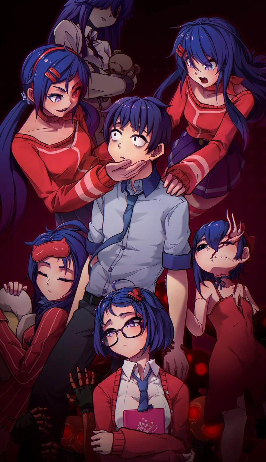 mita, crazy mita, kind mita, mila, sleepy mita, and 4 more (miside) drawn by xh