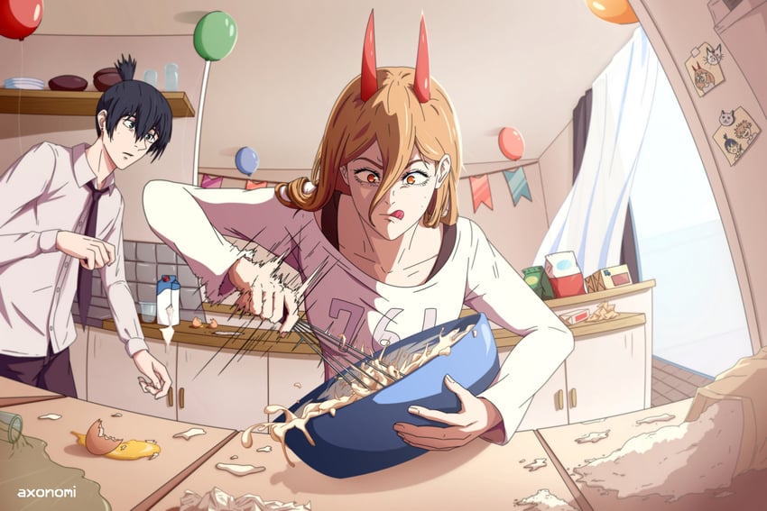 power, denji, and hayakawa aki (chainsaw man) drawn by axonomi