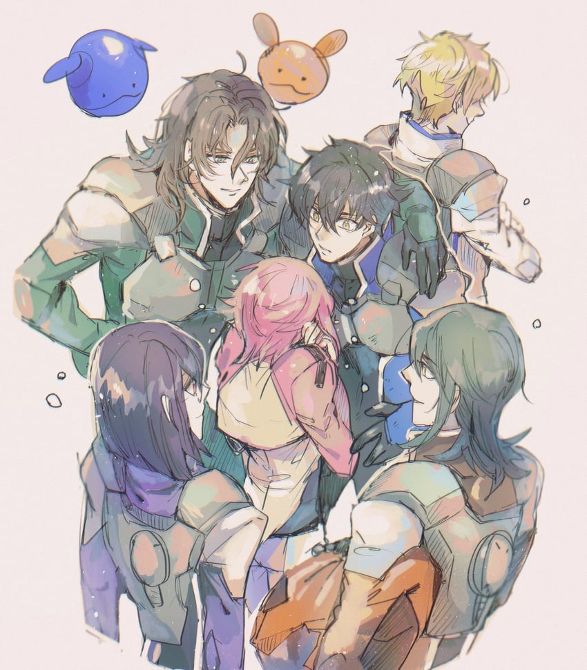 haro, tieria erde, setsuna f. seiei, feldt grace, lockon stratos, and 2 more (gundam and 1 more) drawn by kare_(0621utak)