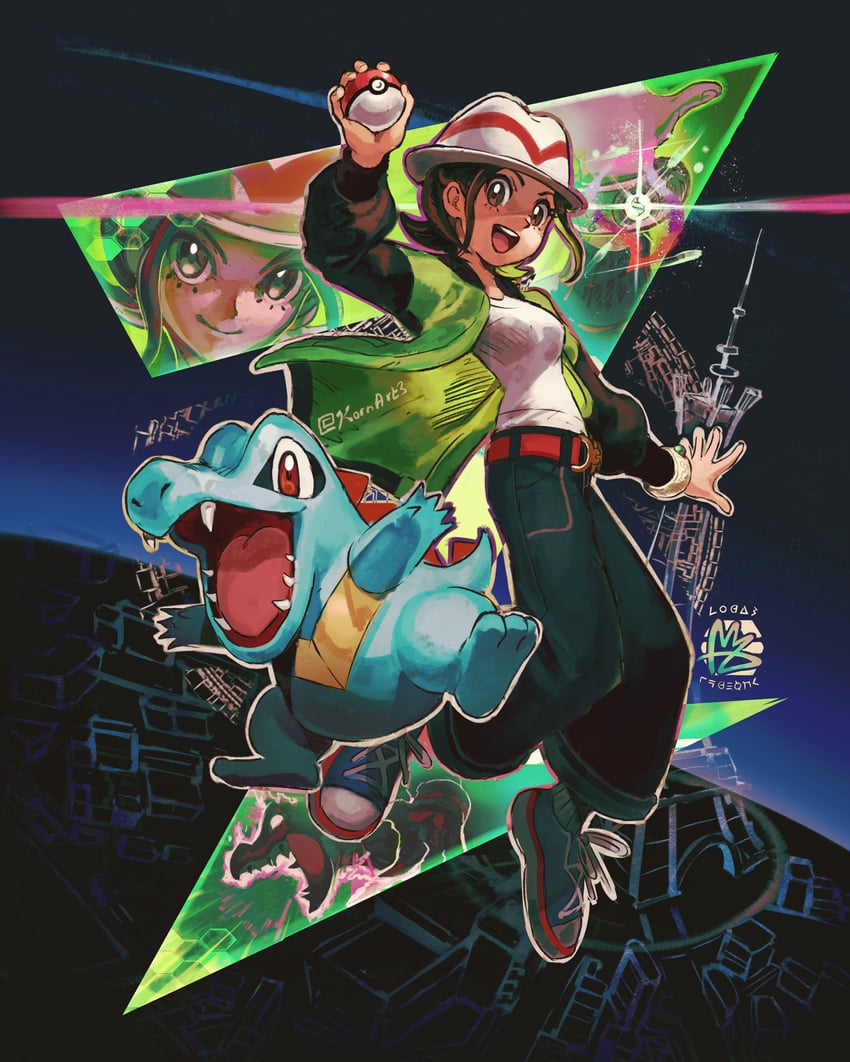 totodile and harmony (pokemon and 1 more) drawn by kornart