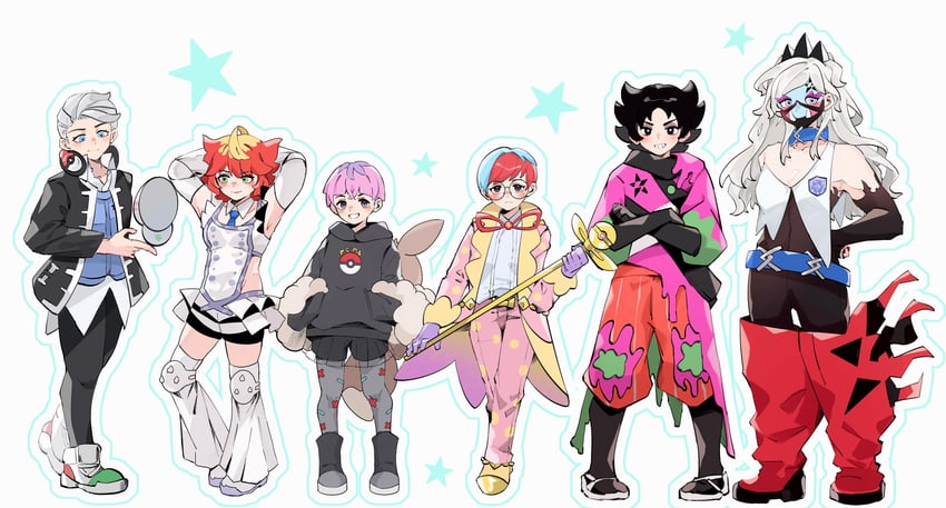penny, mela, giacomo, eri, ortega, and 1 more (pokemon and 1 more) drawn by dafenpipixia
