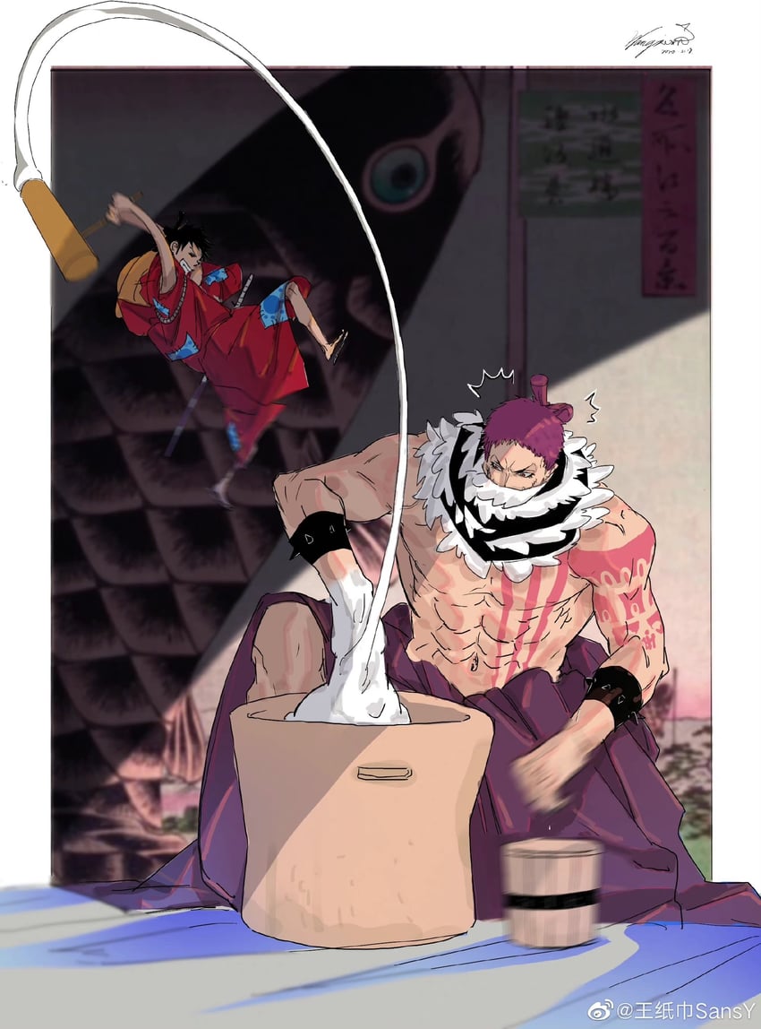 monkey d. luffy and charlotte katakuri (one piece) drawn by kami_off_record