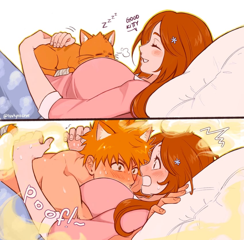 inoue orihime and kurosaki ichigo (bleach) drawn by luvlyroseve