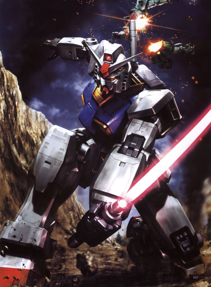 rx-78-2 gundam, zaku ii, and zaku ii f/j (gundam and 1 more) drawn by morishita_naochika