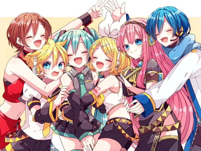 hatsune miku, kagamine rin, kagamine len, megurine luka, kaito, and 1 more (vocaloid) drawn by kaho_0102
