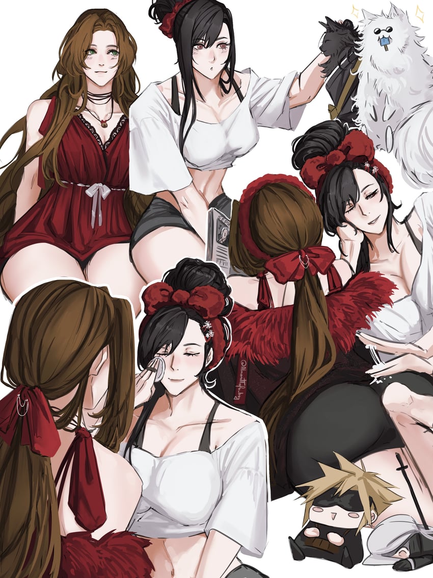 tifa lockhart, cloud strife, aerith gainsborough, gojou satoru, sephiroth, and 1 more (final fantasy and 2 more) drawn by almondtofu_boy