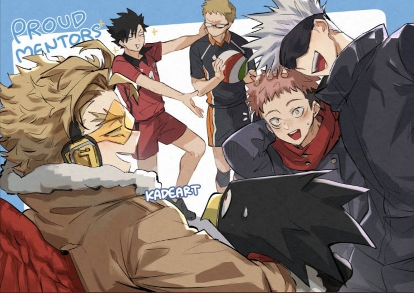 gojou satoru, itadori yuuji, hawks, kuroo tetsurou, tokoyami fumikage, and 1 more (boku no hero academia and 3 more) drawn by kadeart