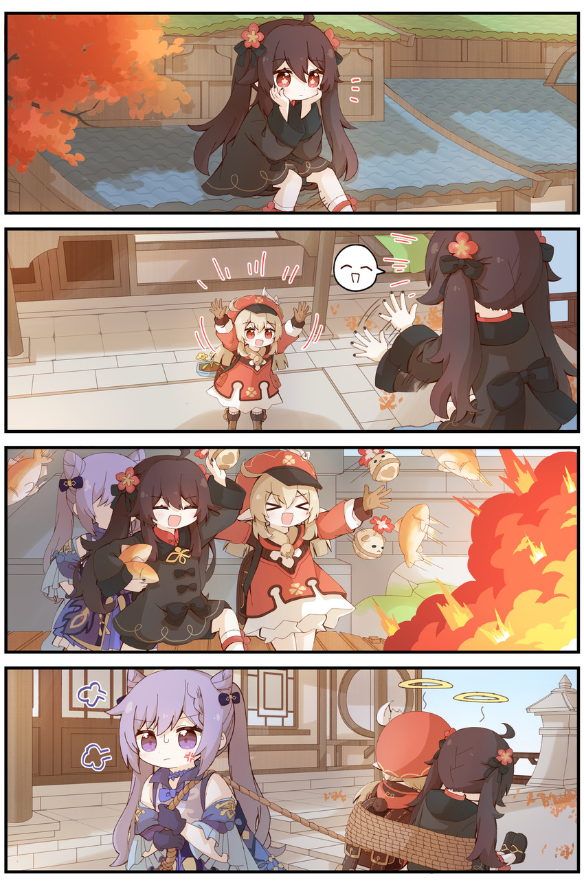 hu tao, keqing, klee, and jumpy dumpty (genshin impact) drawn by yoshinao_(yoshinao_0203)