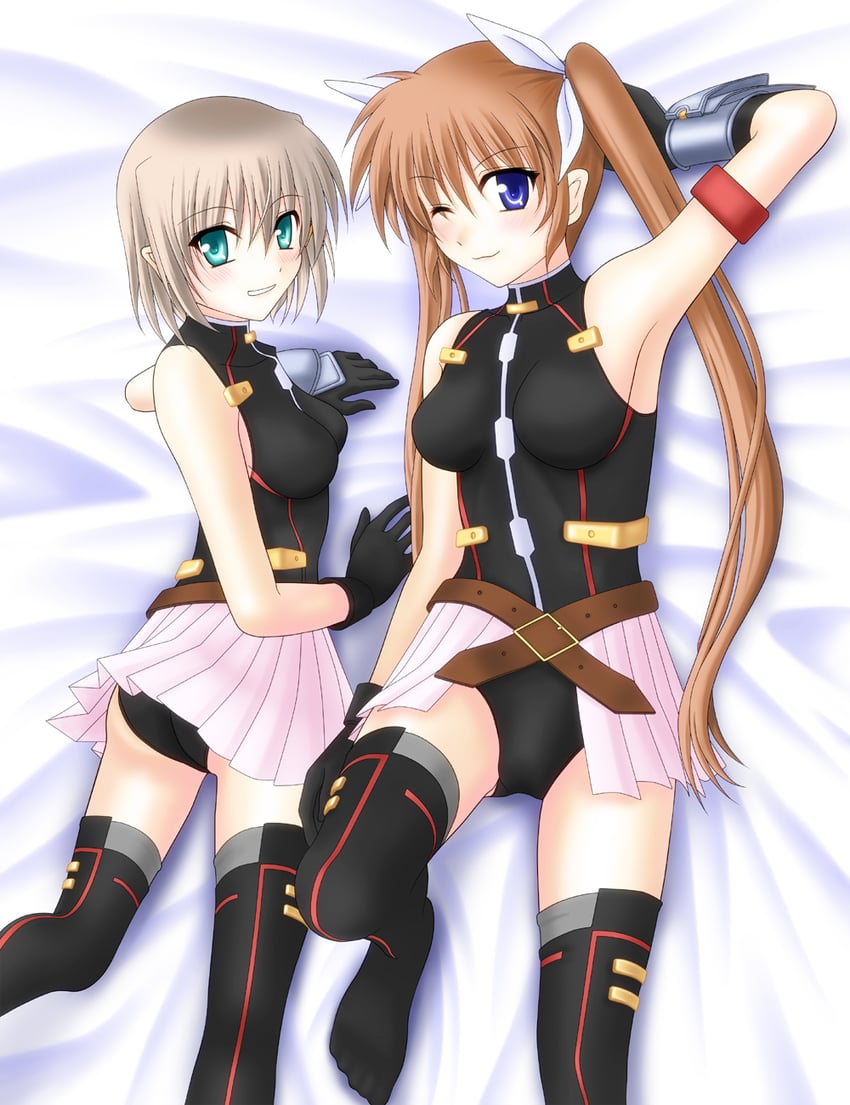 fate testarossa, takamachi nanoha, and yagami hayate (lyrical nanoha and 4 more) drawn by sooichi_(diabolicemission)
