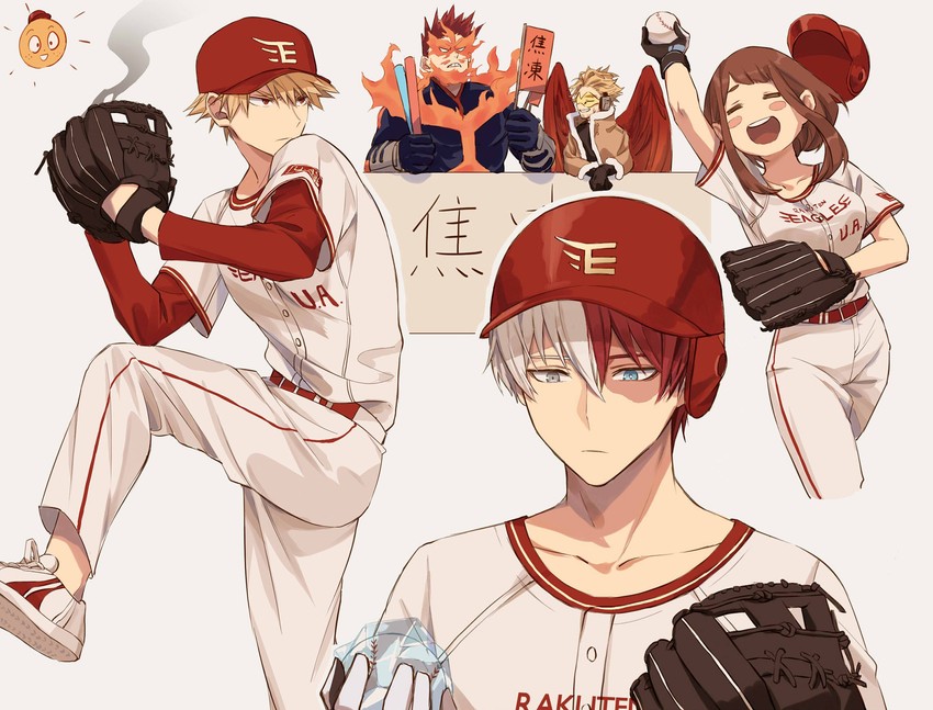 bakugou katsuki, uraraka ochaco, endeavor, todoroki shoto, and hawks (boku no hero academia and 1 more) drawn by amedan