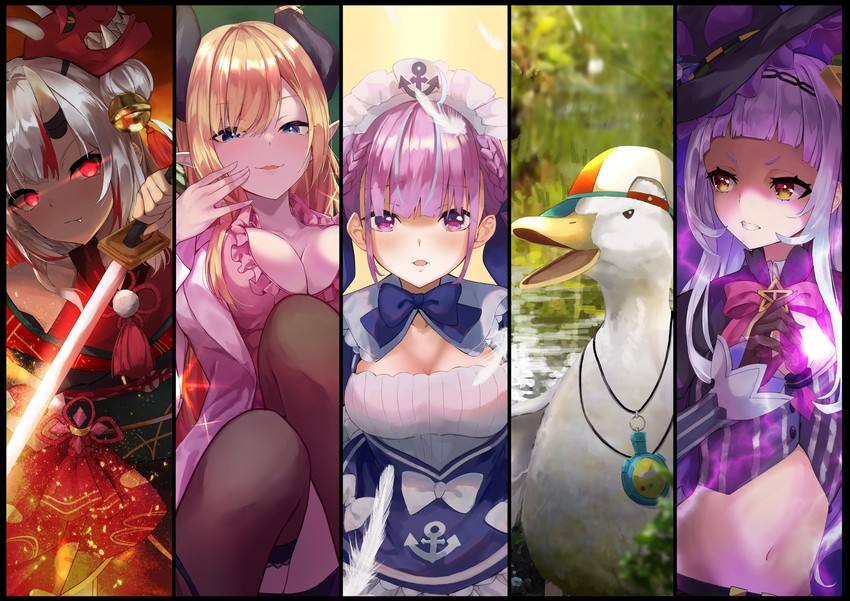 minato aqua, oozora subaru, murasaki shion, nakiri ayame, yuzuki choco, and 1 more (hololive) drawn by konkito