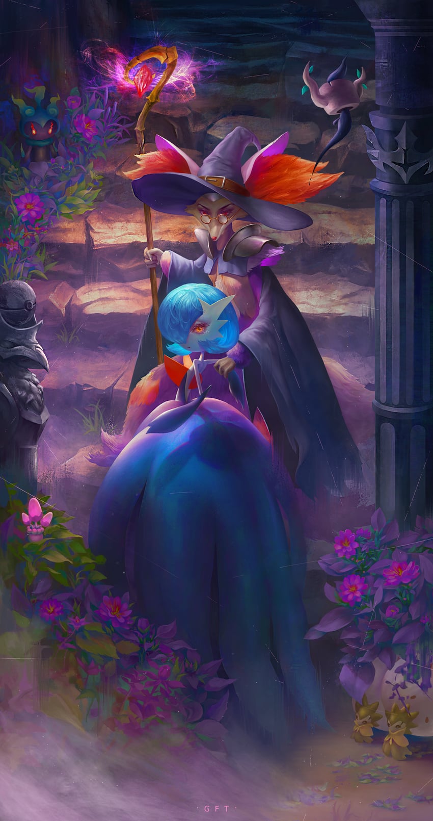 gardevoir, mega gardevoir, delphox, corviknight, phantump, and 3 more (pokemon) drawn by geoffthrills