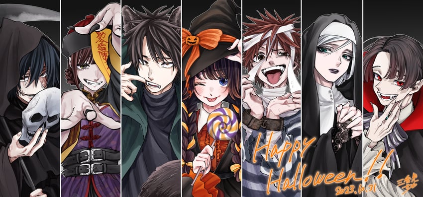 death, grim reaper, waguri kaoruko, tsumugi rintarou, hoshina subaru, and 4 more (kaoru hana wa rin to saku) drawn by mikami_saka