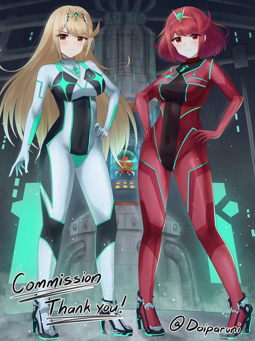 pyra, mythra, samus aran, metroid, and metroid larva (xenoblade chronicles and 3 more) drawn by doiparuni