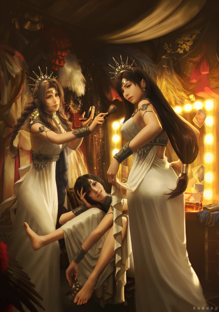 tifa lockhart, aerith gainsborough, and yuffie kisaragi (final fantasy and 3 more) drawn by honeybunny-art