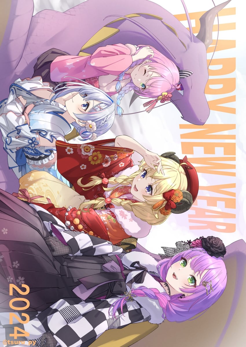 tokoyami towa, amane kanata, kiryu coco, tsunomaki watame, and himemori luna (hololive) drawn by tsurupy