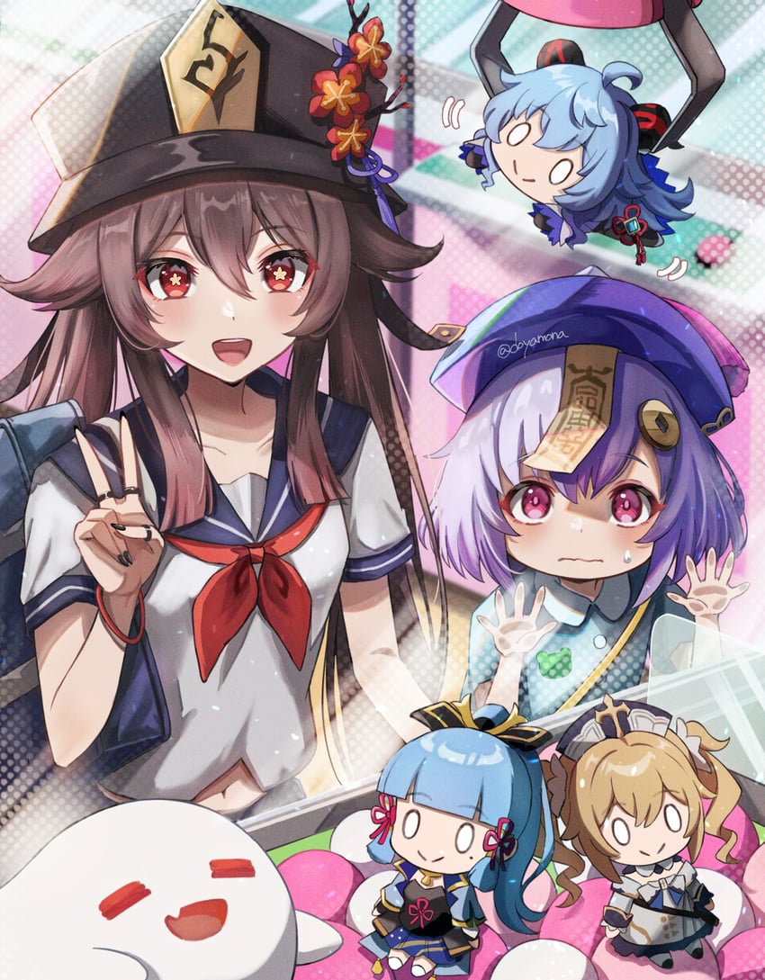 ganyu, hu tao, kamisato ayaka, boo tao, barbara, and 1 more (genshin impact) drawn by nanamo_yado