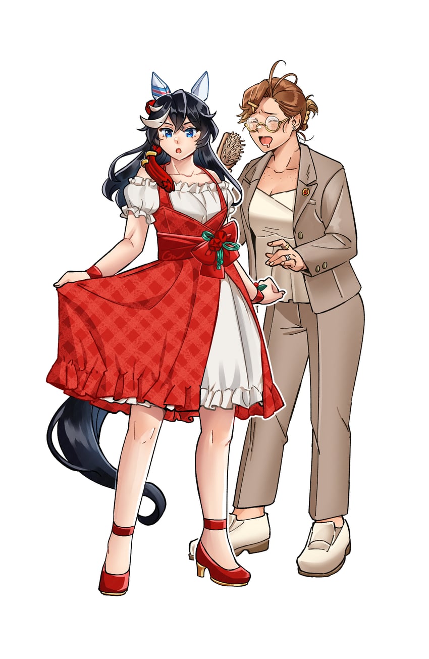 trainer, katsuragi ace, female trainer, and kotabi kiku (umamusume) drawn by gaman