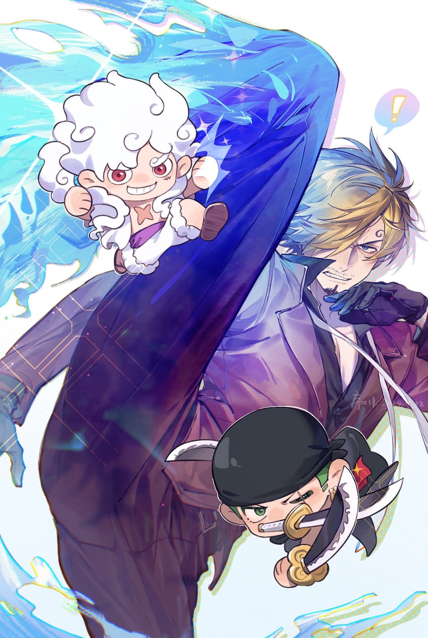 monkey d. luffy, roronoa zoro, and sanji (one piece) drawn by xuchuan