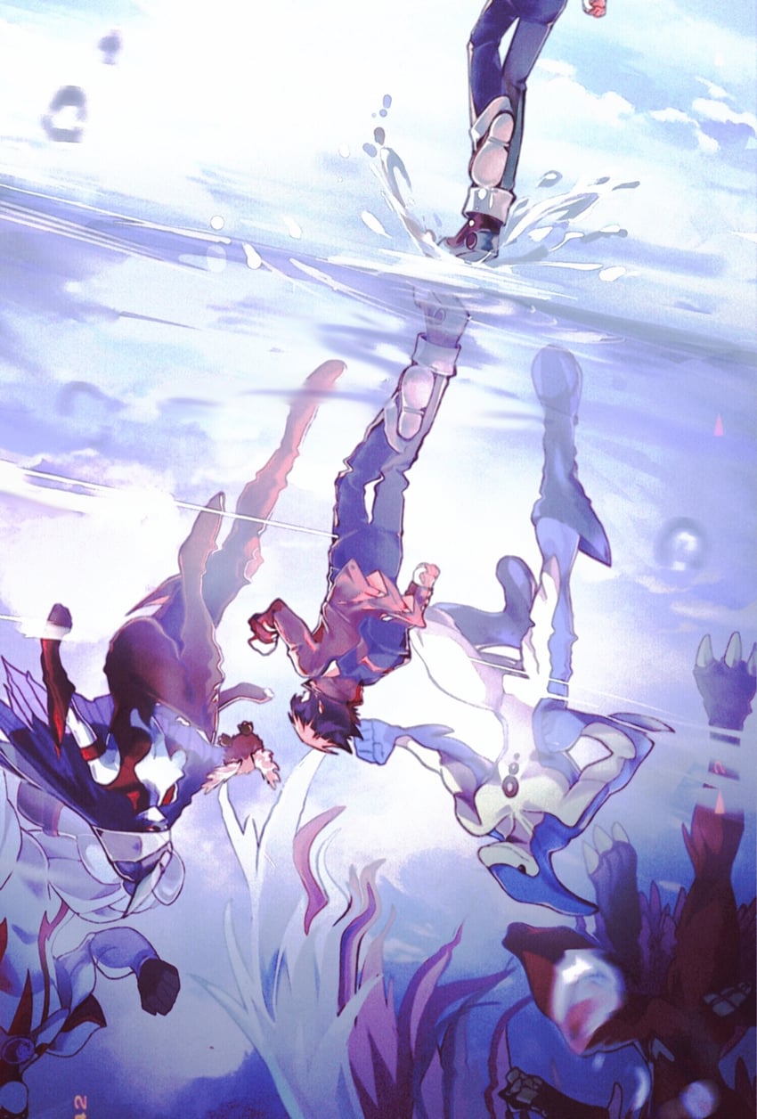 yuki judai, elemental hero neos, neo-spacian aqua dolphin, elemental hero avian, and elemental hero lady heat (yu-gi-oh! and 1 more) drawn by yanziswallow