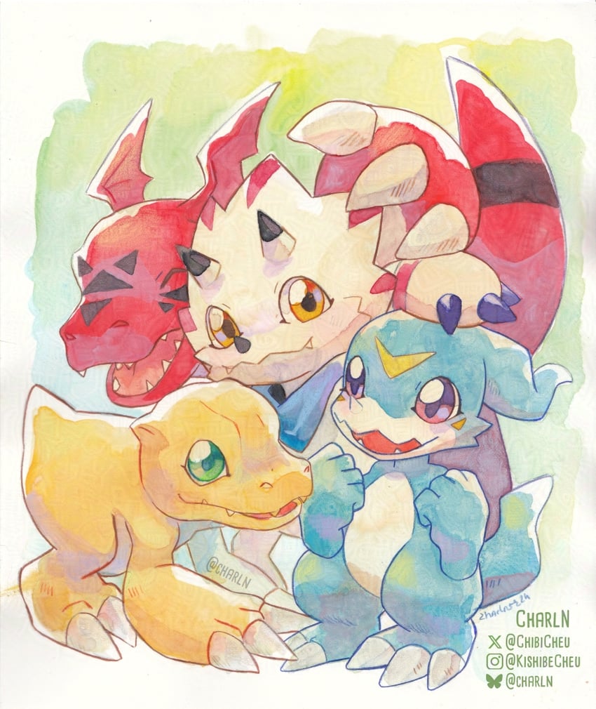 agumon, v-mon, guilmon, and gammamon (digimon) drawn by chibicheu