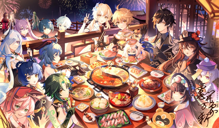 ganyu, hu tao, aether, zhongli, keqing, and 13 more (genshin impact) drawn by crackingtaro