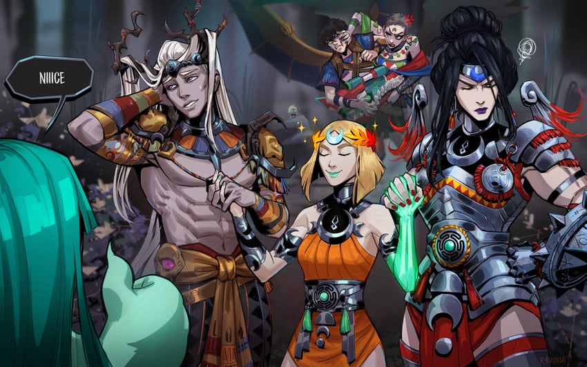 melinoe, nemesis, moros, eris, dora, and 2 more (hades and 1 more) drawn by grace_kim_(ryuuna)