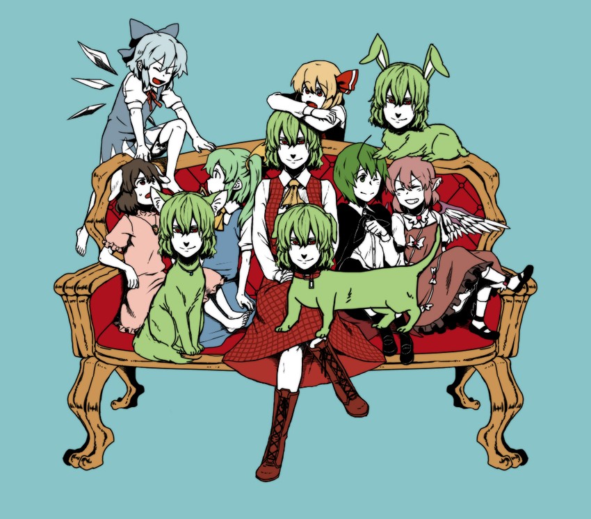 cirno, rumia, kazami yuuka, mystia lorelei, inaba tewi, and 2 more (touhou) drawn by torinone